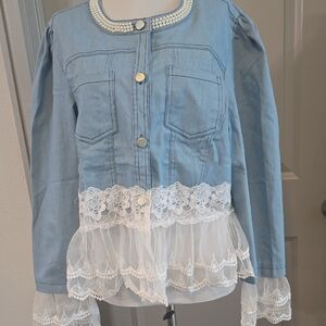 Elegant Blue Jean Jacket with Lace and Pearl Details